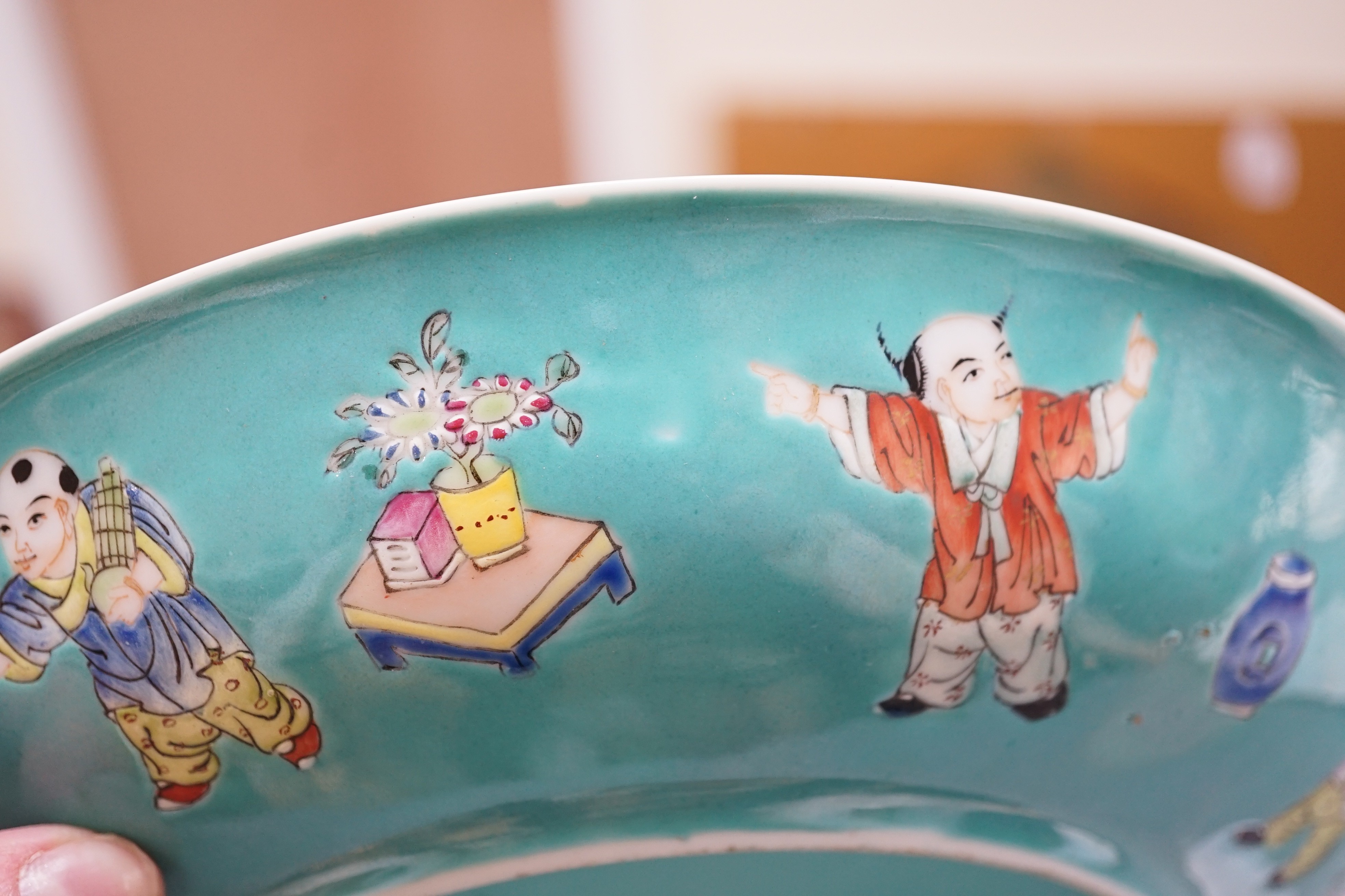 A Chinese turquoise ground 'Boys' dish, Jiaqing seal mark but Republic period, 23.5cm diameter, two hairline cracks